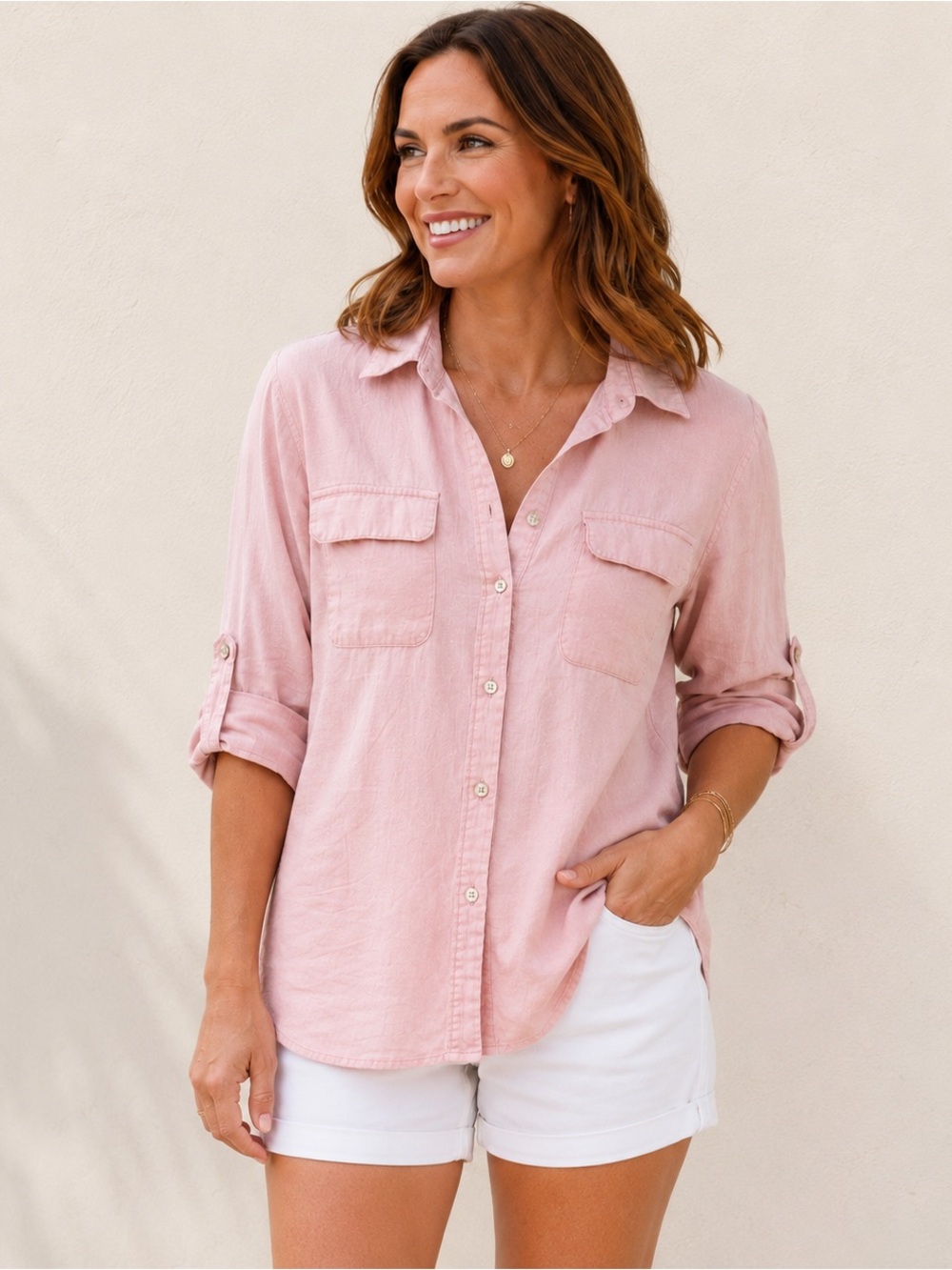 Blush Pink Utility Safari Shirt Size XL Roll Tab Sleeve Cotton Button Up Casual